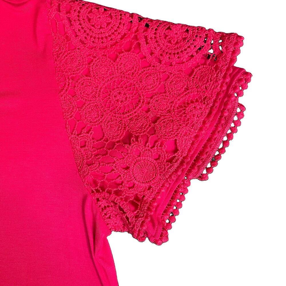 Bellini EUC Pink Knit Lace Accent Scoop Neck Flutter Crochet Sleeve Top Women M - Picture 5 of 10
